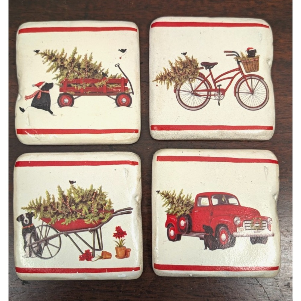 Christmas Coasters Set of 4 Cork Back Dog Tree Truck Bicycle Holiday Decor